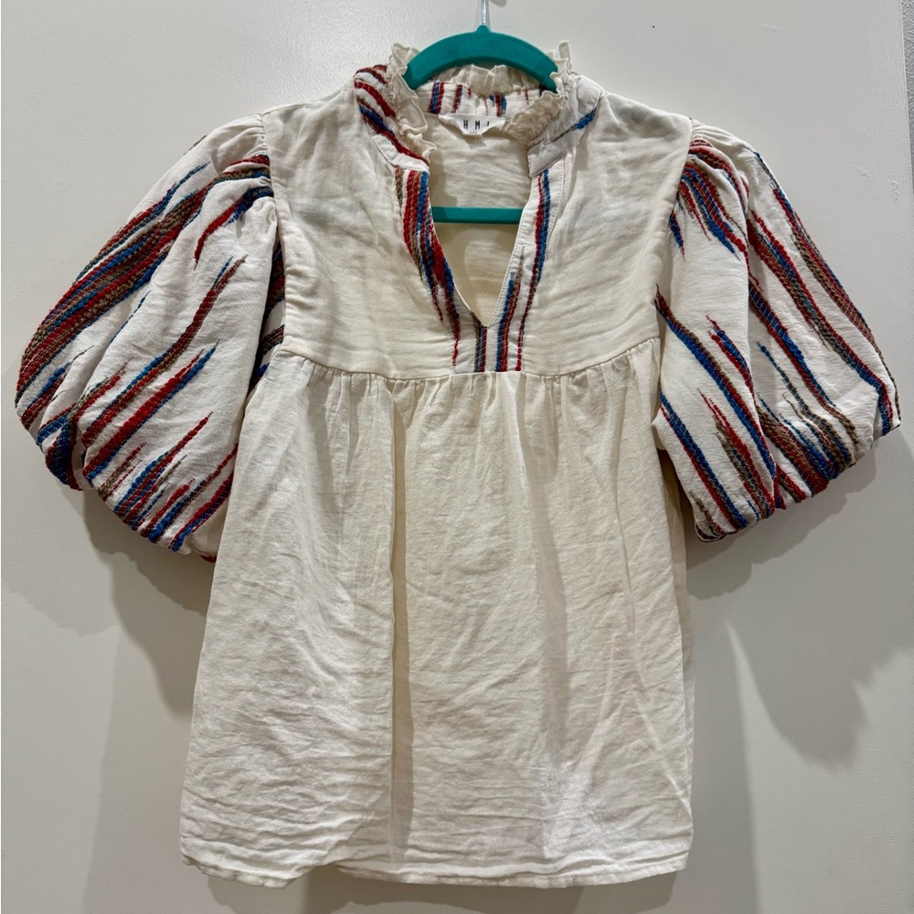 THML White and Red Puff Sleeve Blouse